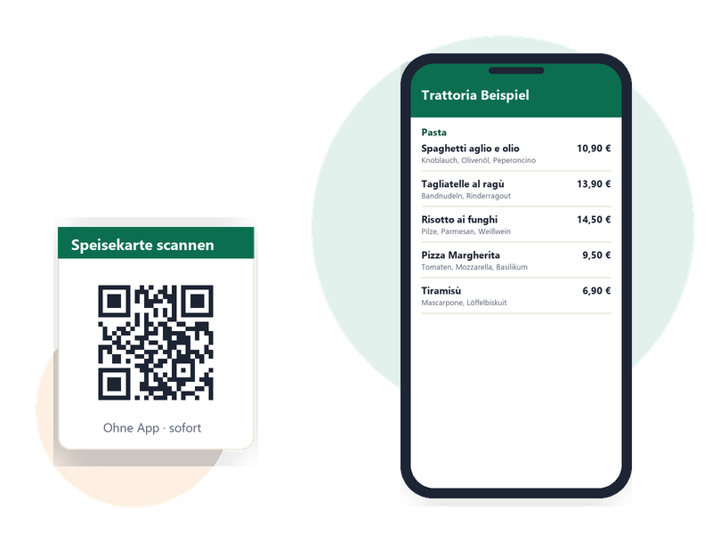 Smartphone zeigt eine digitale Speisekarte neben einem QR-Code-Tischaufsteller