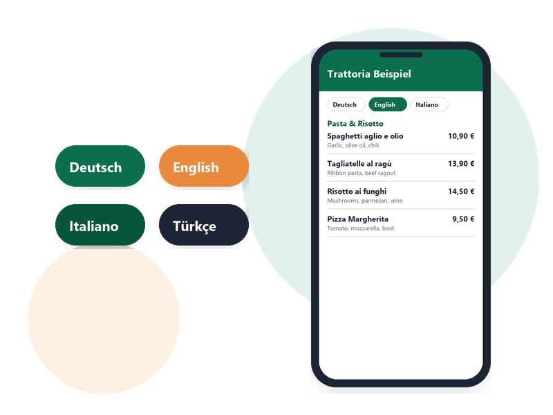 Speisekarte mit Sprachauswahl Deutsch und Englisch